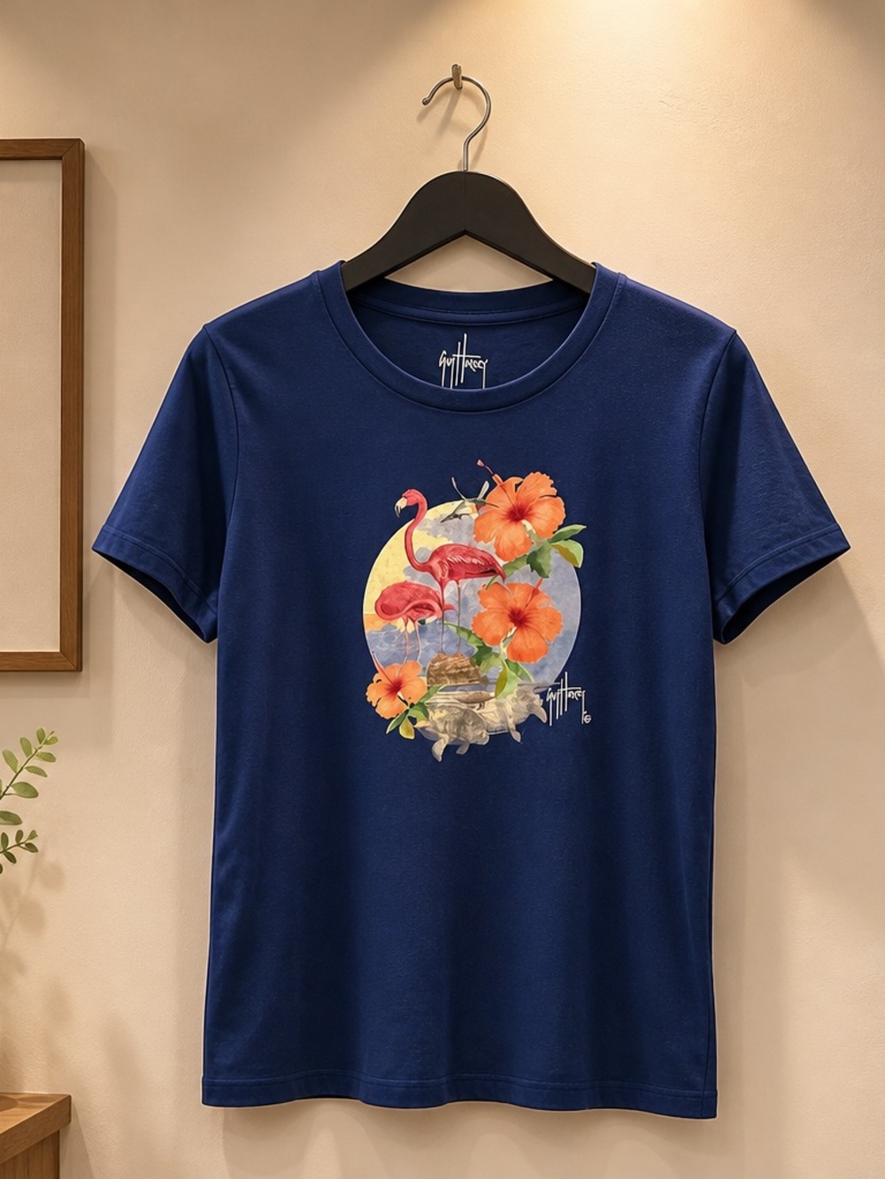 Guy Harvey Graphic Flamingo & Hibiscus Tee - Navy